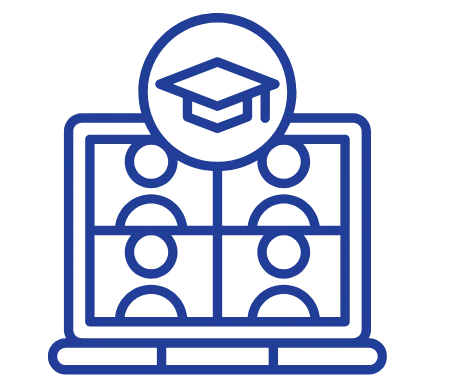 Ícono de aula virtual con estudiantes en videoconferencia y birrete académico - Educación Online Apréndelo